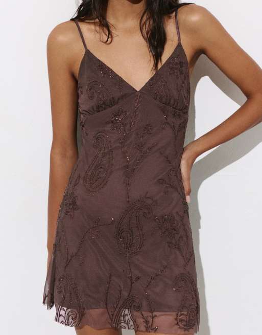 Pull&Bear Short strappy beaded dress in brown, 4 of 4