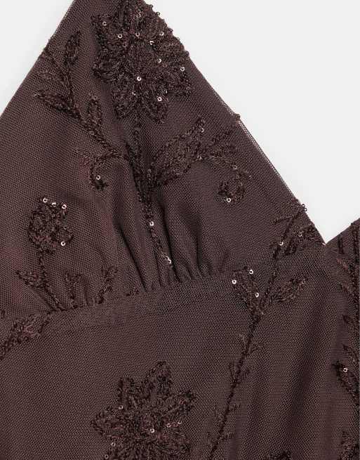 Pull&Bear Short strappy beaded dress in brown, 7 of 7