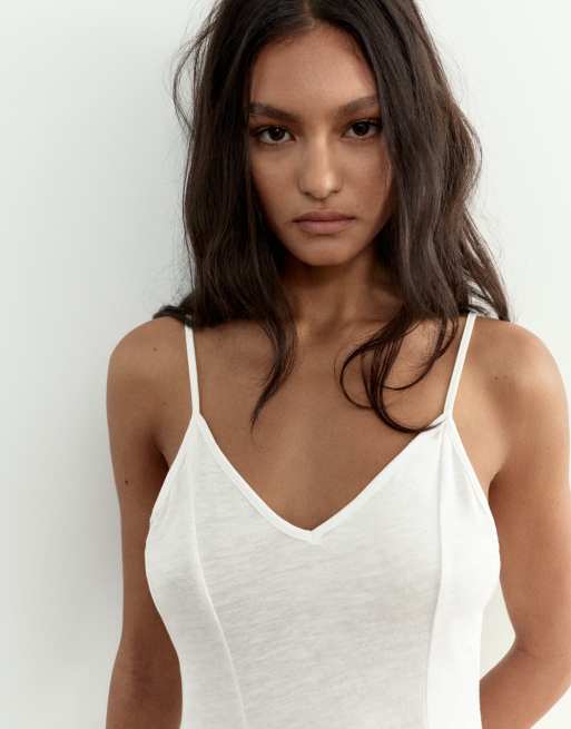 Pull&Bear Short strappy flared dress in beige, 3 of 4