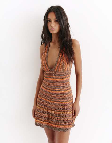 Pull&Bear Short striped crochet dress in orange - view 1