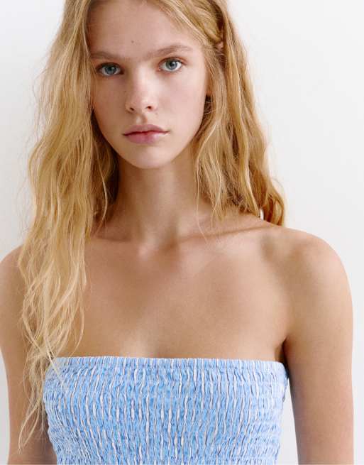 Pull&Bear Short striped smock dress in medium blue, 4 of 4