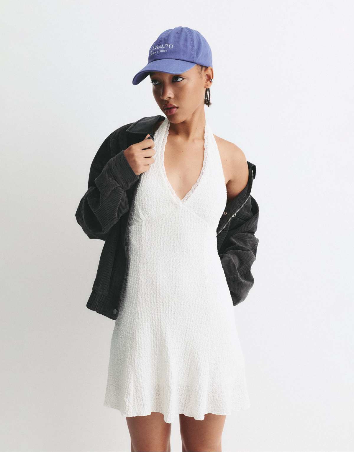 Pull&Bear Short textured halter neck dress in white
