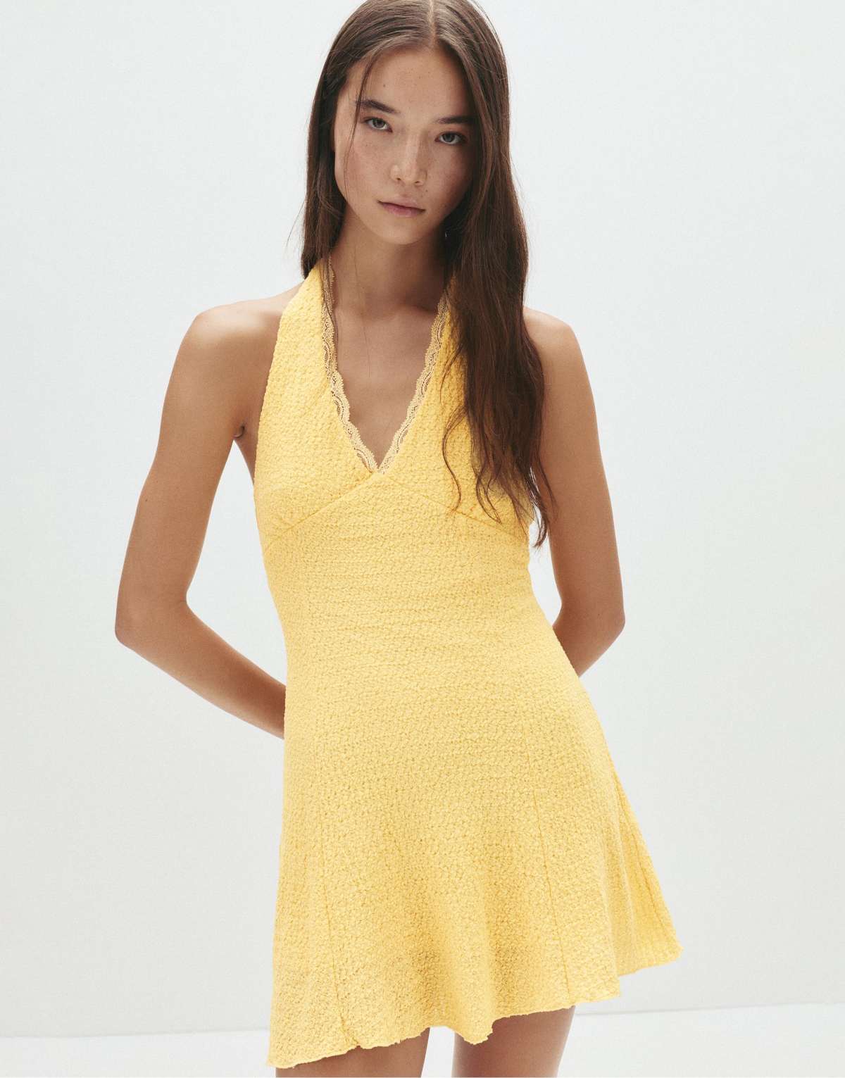 Pull&Bear Short textured halter neck dress in yellow