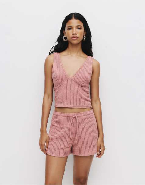 Pull&Bear – Shorts aus offenmaschigem Strick in Rosa - view 1