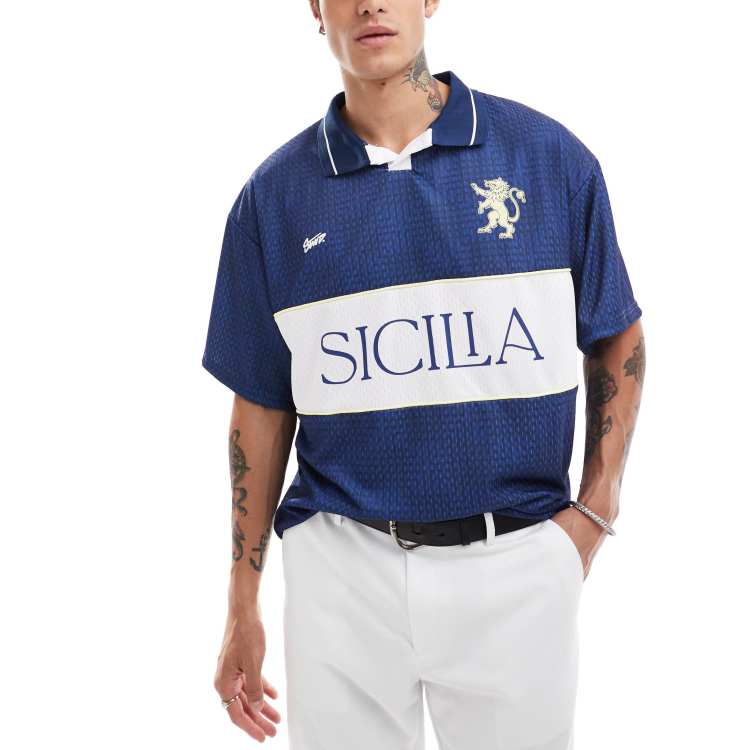 Pull&Bear Sicilia retro sports T-shirt in navy | ASOS