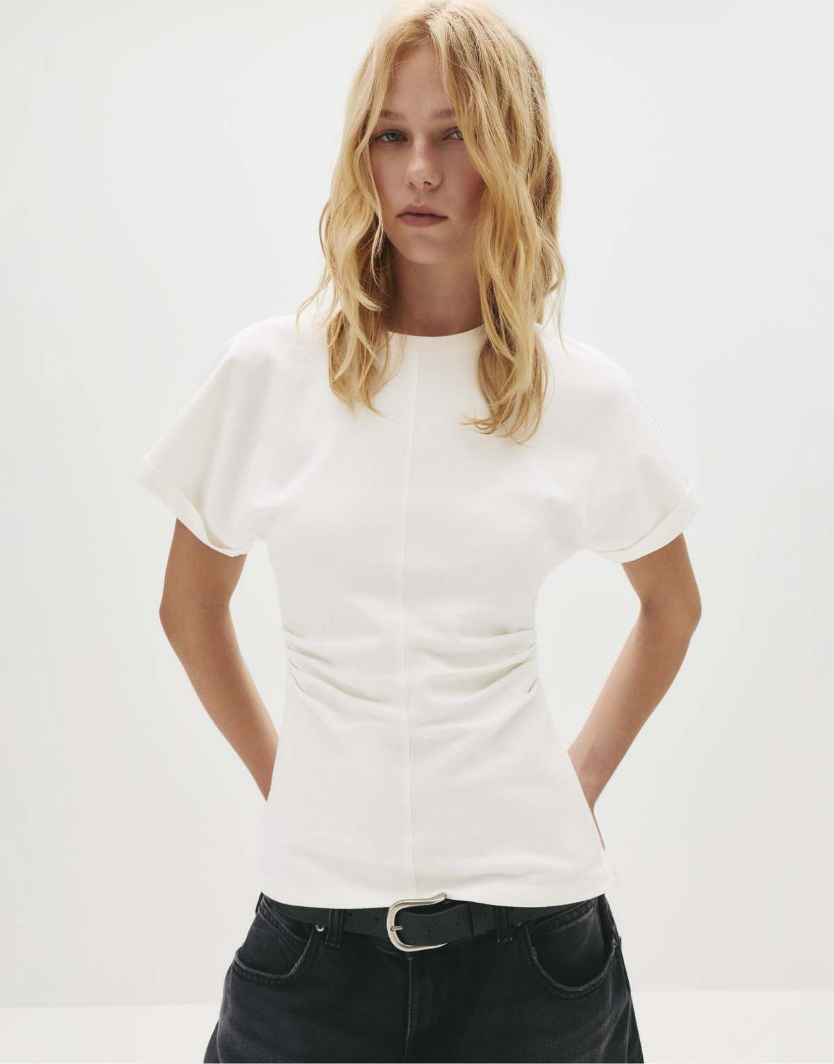 Pull&Bear Side gathered t-shirt in ice