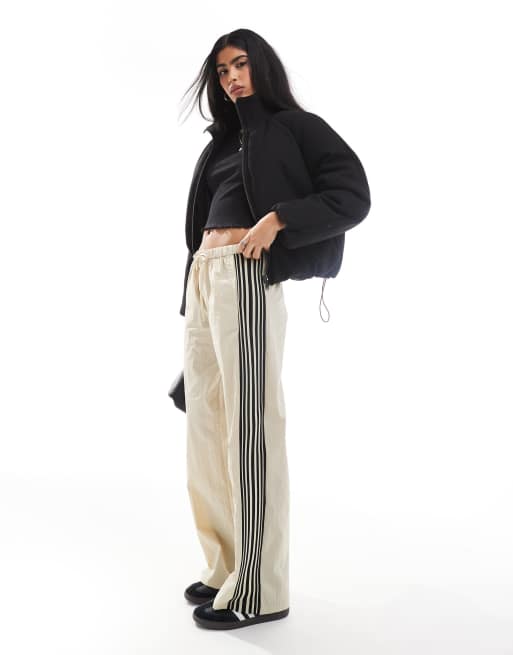 Pull&Bear side stripe wide leg nylon jogger in sand