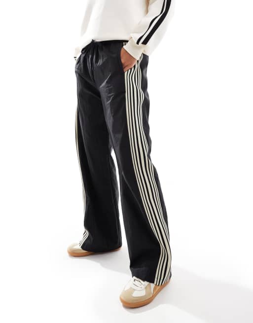 Pull&Bear side stripe wide leg nylon sweatpants in black