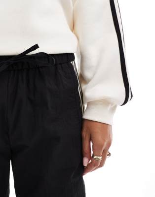 Pull&Bear side stripe wide leg nylon sweatpants in black