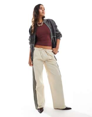 Pull & Bear Side Stripe Wide Leg Nylon Sweatpants In Sand-neutral