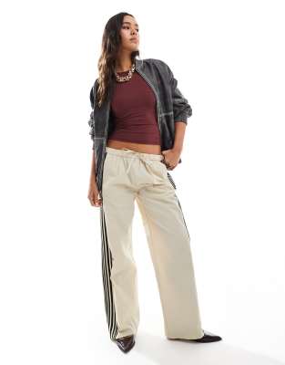 Pull&Bear side stripe wide leg nylon sweatpants in sand