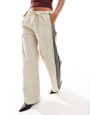 Pull&Bear side stripe wide leg nylon sweatpants in sand