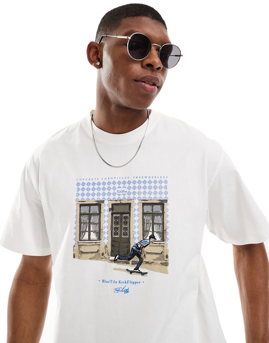 Pull & Bear skateboard city printed t-shirt in white