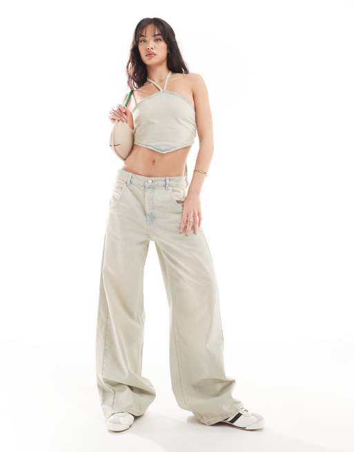 Pull&Bear - Skater-jeans met wijde pijpen in zandkleur met 'dirty' wassing, deel van co-ord set