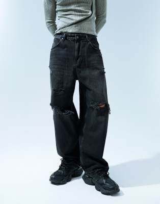 Pull&Bear - Skaterjeans met scheuren in zwart met wassing