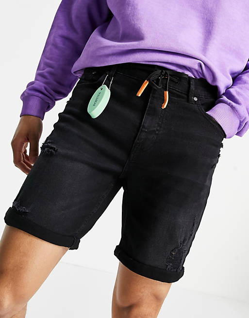 Pull&Bear skinny fit denim shorts with distressing in black