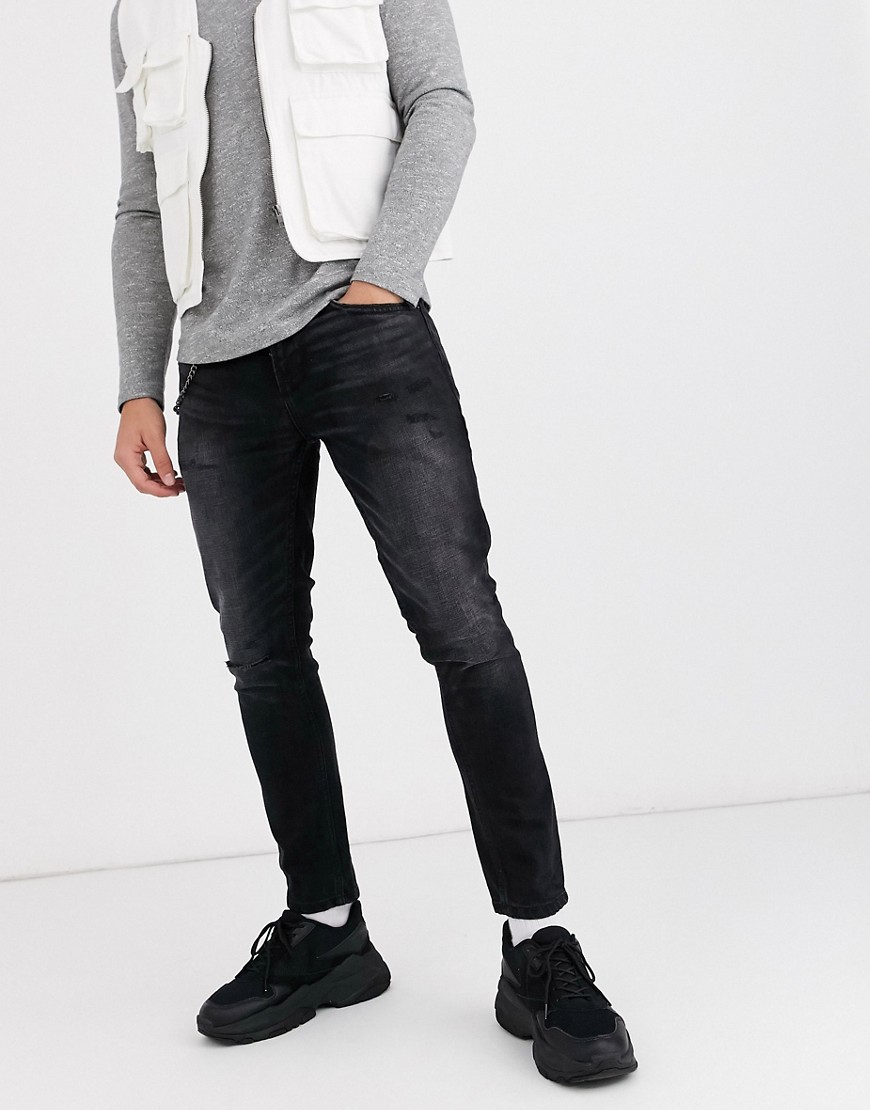 Pull & Bear skinny fit tapered jeans in washed black