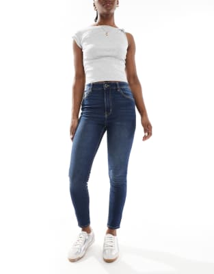 Pull & Bear - Skinny-Jeans in Dunkelblau mit hohem Bund