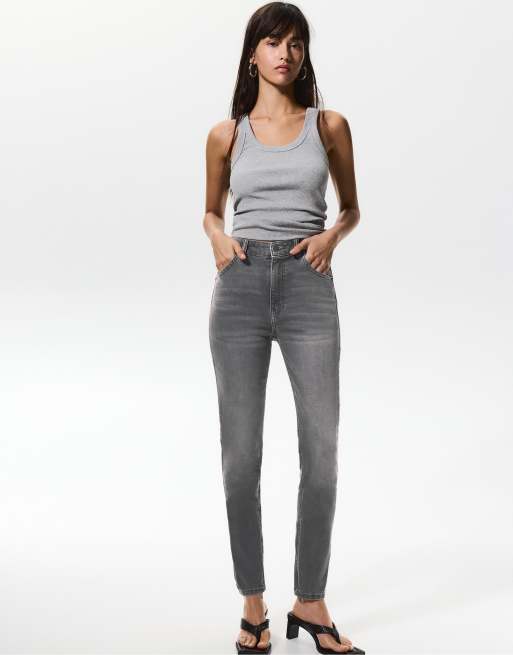 Pull&Bear - Skinny jeans met hoge taille in lichtgrijs, 3 van 4