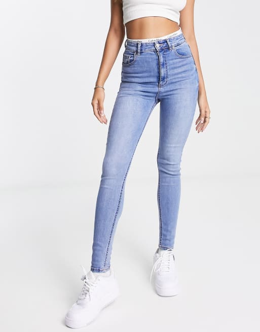 Pull&Bear skinny very high waisted jeans in medium blue | ASOS