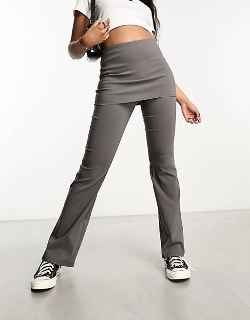 Pull&Bear skirt detail flare pants in charcoal gray