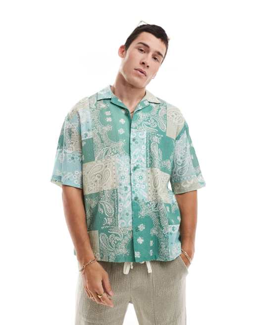 Pull&Bear - Skjorte med grønt patchwork-mønster