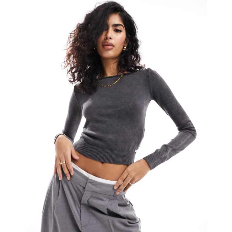 Ribbed Long Sleeve Top - Washed Grey