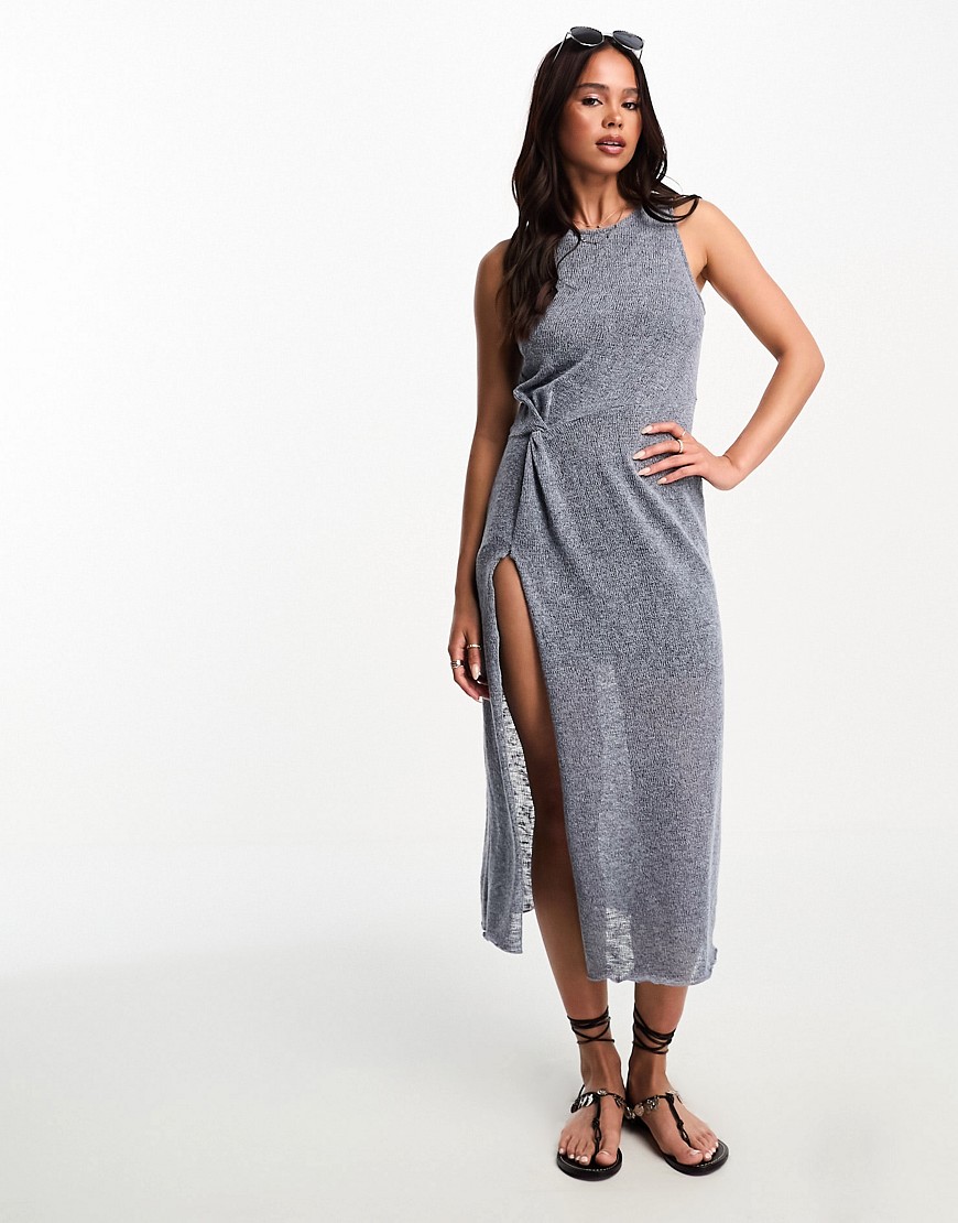 Pull & Bear Sleeveless Maxi Dress With Split Detail In Blue Heather