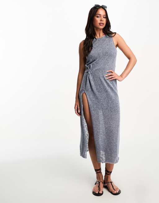 Pull&Bear sleeveless maxi dress with split detail in blue marl