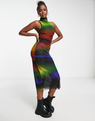 Pull & Bear Sleeveless Mesh Maxi Dress In Multi Print