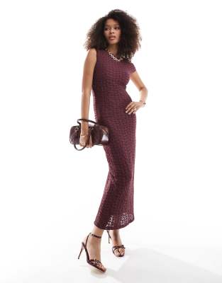 Pull & Bear Sleeveless Textured Lace Maxi Dress In Burgundy In Red
