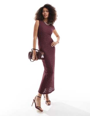 Pull&Bear sleeveless textured lace maxi dress in burgundy