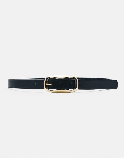 Pull&Bear Slim belt with irregular buckle in black, 2 of 4