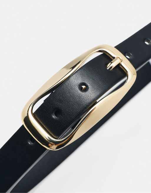 Pull&Bear Slim belt with irregular buckle in black, 3 of 4