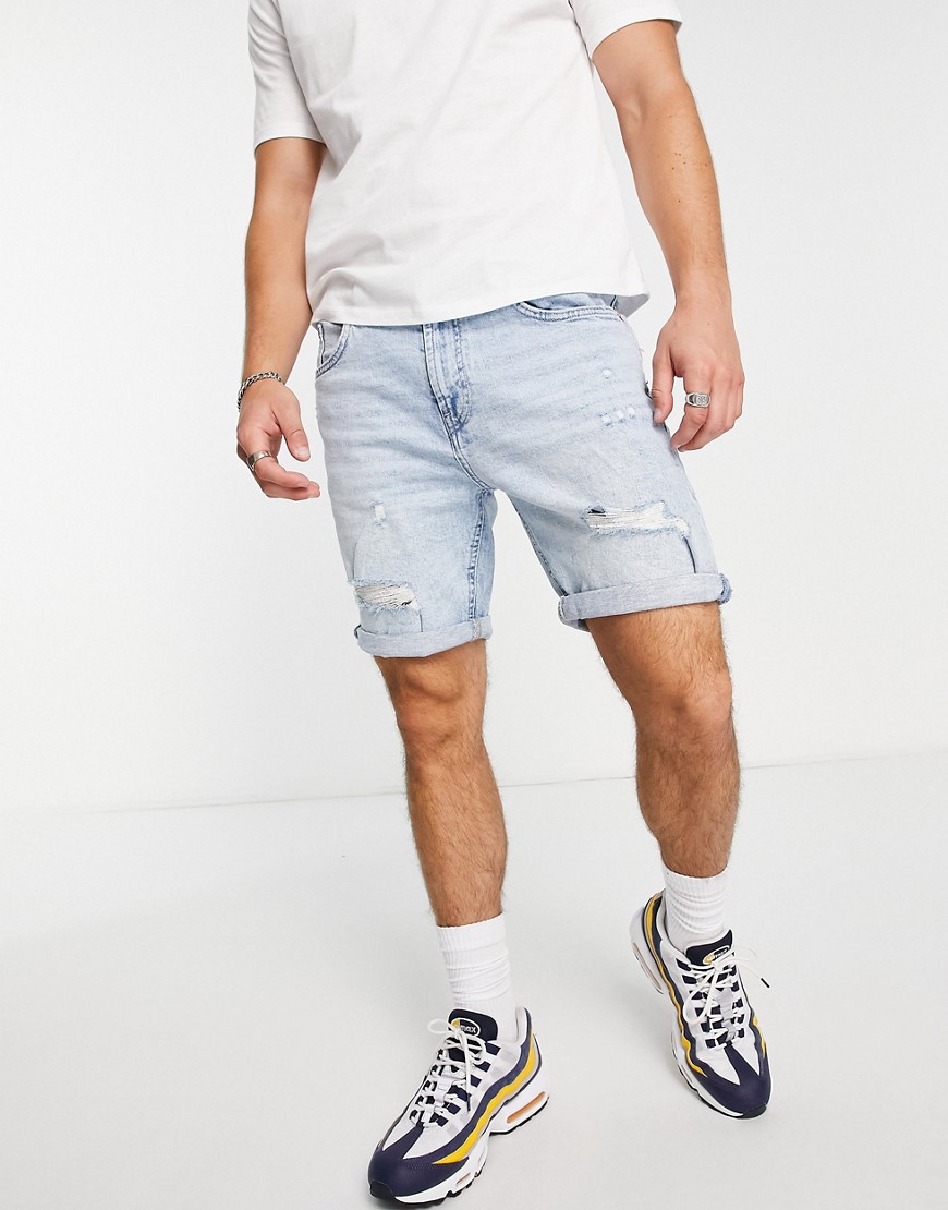 Pull & Bear Slim Fit Denim Shorts With Rips In Blue-blues