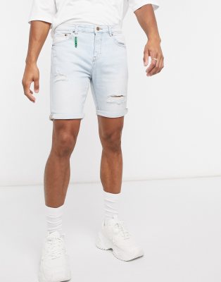 Pull&Bear - Slim-fit Denim Short Met Scheuren In Lichtblauw | ASOS