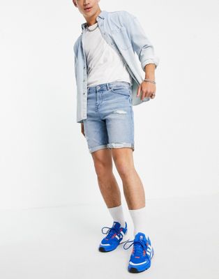 Pull&Bear slim fit denim shorts in blue with rips