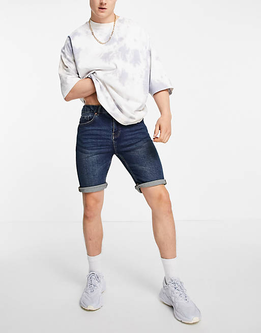 Pull&Bear slim fit denim shorts in mid blue | ASOS