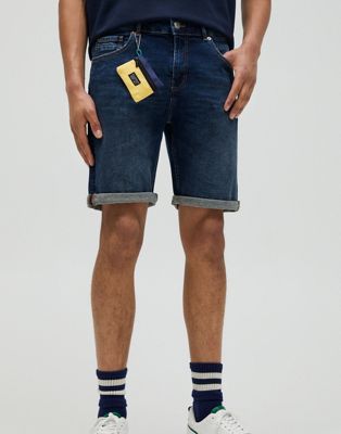 Pull&Bear slim fit denim shorts in mid blue
