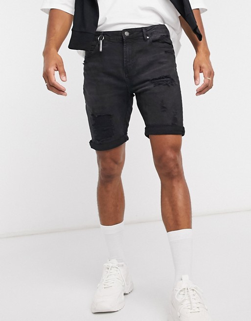 Pull&Bear slim fit denim shorts with rips in black | ASOS