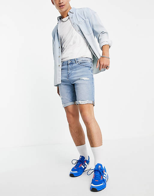 Pull&Bear slim fit denim shorts with rips in blue