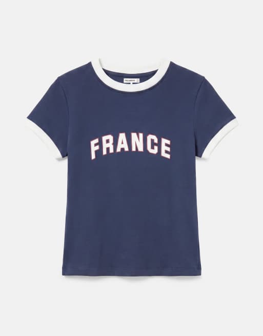 Pull&Bear Slim fit france graphic t-shirt in navy, 4 of 4