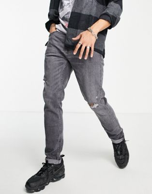 Pull&Bear slim fit jeans with rips in grey