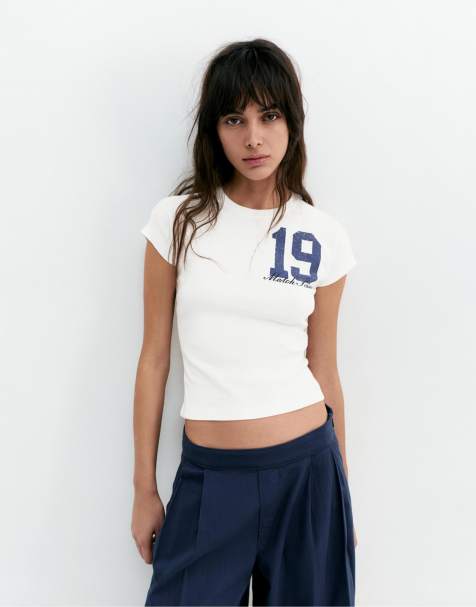 Pull&Bear Slim fit number t-shirt in ice - view 1