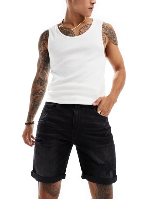 Pull&Bear slim fit ripped denim shorts in washed black
