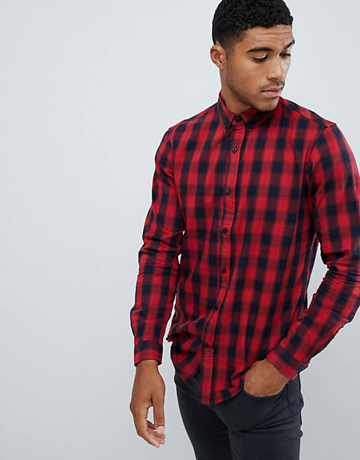 Pull&Bear slim fit shirt in red check | ASOS