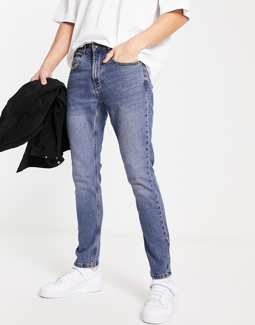 Pull & Bear Slim Jeans In Mid Wash-blue