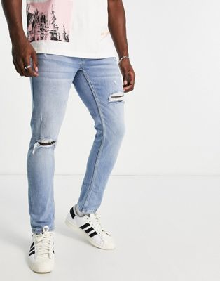 Pull&Bear slim jeans with rips in blue
