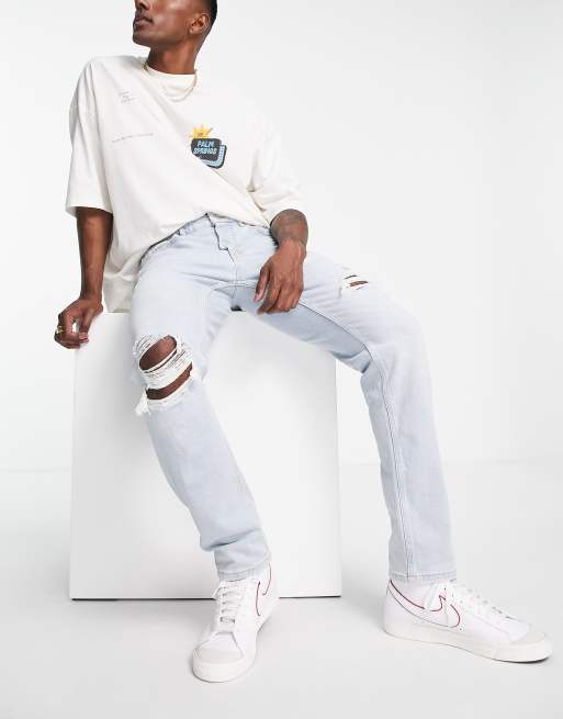 Pull&Bear slim jeans with rips in light blue