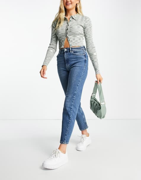 Pull&Bear slim mom jeans in mid blue - view 1